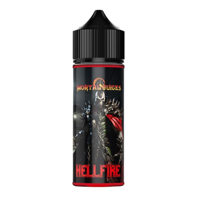 Flacon de 100ml d'e-liquide Mortal Juices Hellfire avec étiquette noire illustrée d'un personnage squelettique et bouchon noir.