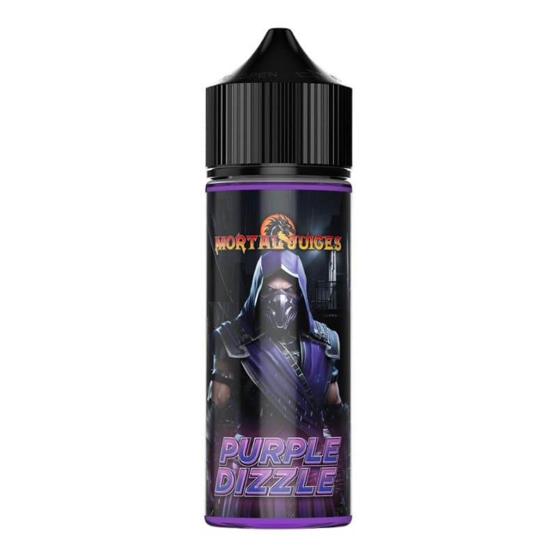 Flacon de 100ml d'e-liquide Mortal Juices Purple Dizzle avec étiquette illustrée d'un guerrier violet et bouchon noir.