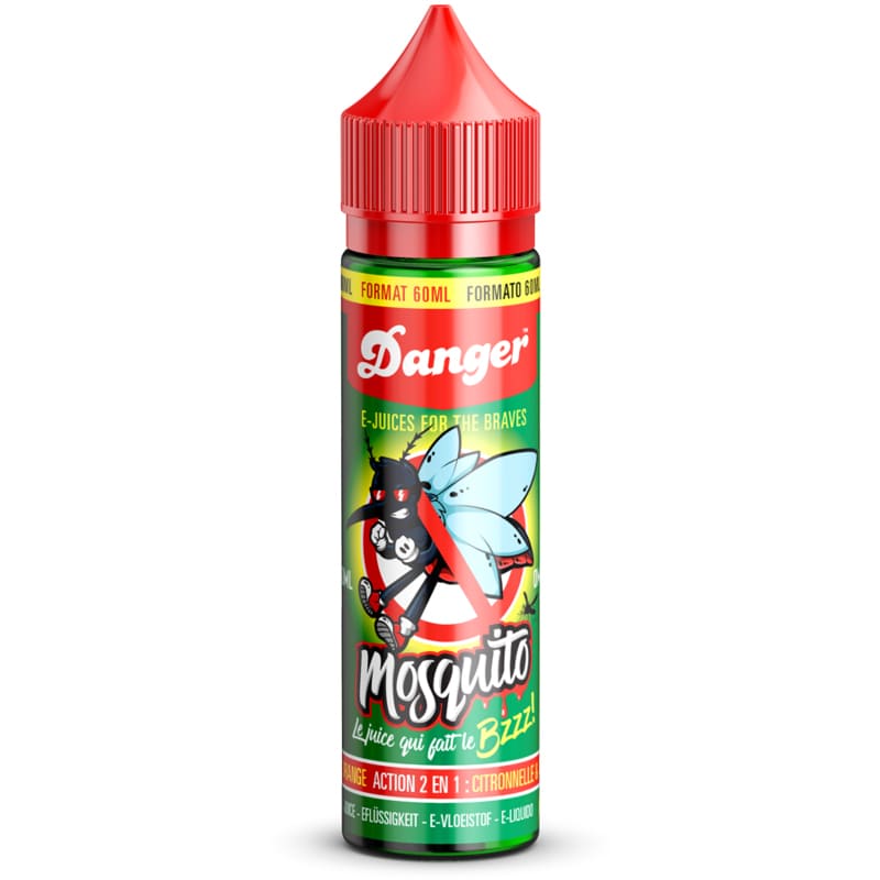Flacon de 50ml Swoke Mosquito avec bouchon rouge, étiquette illustrée d'un moustique sur fond vert et rouge.