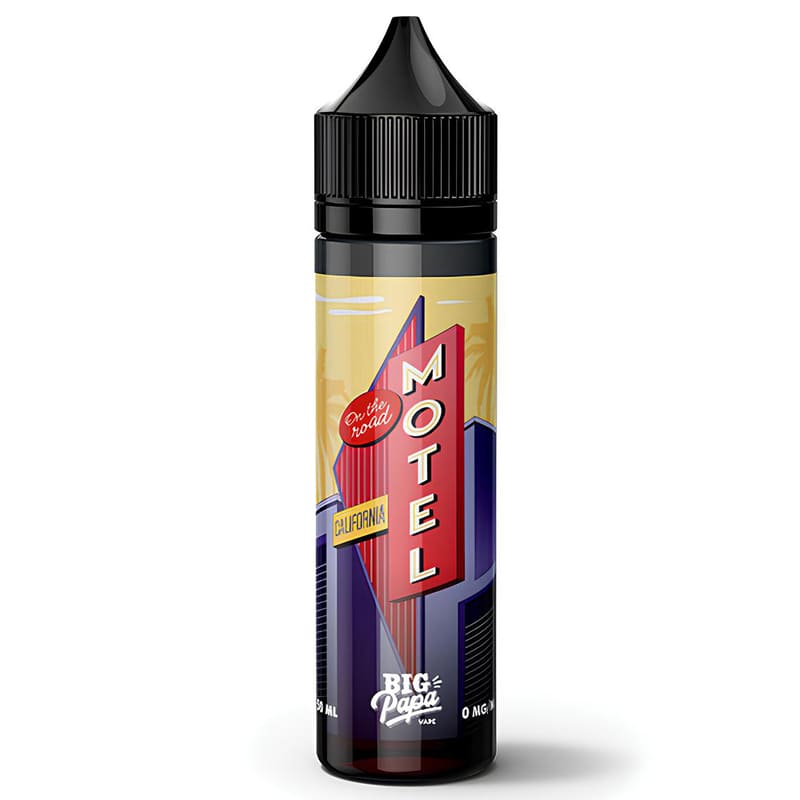 Flacon de 50ml d'e-liquide Motel California Big Papa avec étiquette rétro style motel américain et bouchon noir.