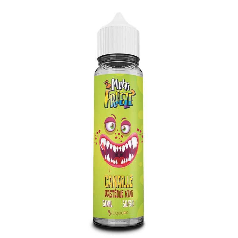 Flacon de 50ml Liquideo Multifreeze Canaille avec étiquette verte, illustration de monstre et bouchon blanc.