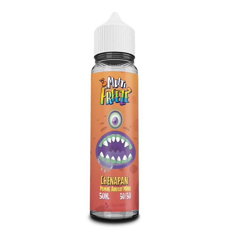 Flacon de 50ml Liquideo Multifreeze Chenapan avec étiquette orange illustrée d'un monstre, bouchon blanc et design fruité.