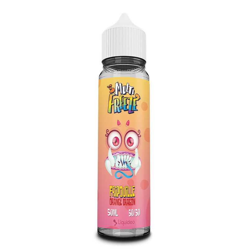 Flacon d'e-liquide Liquideo Multifreeze Fripouille 50ml avec étiquette orange illustrée d'un monstre et bouchon blanc.