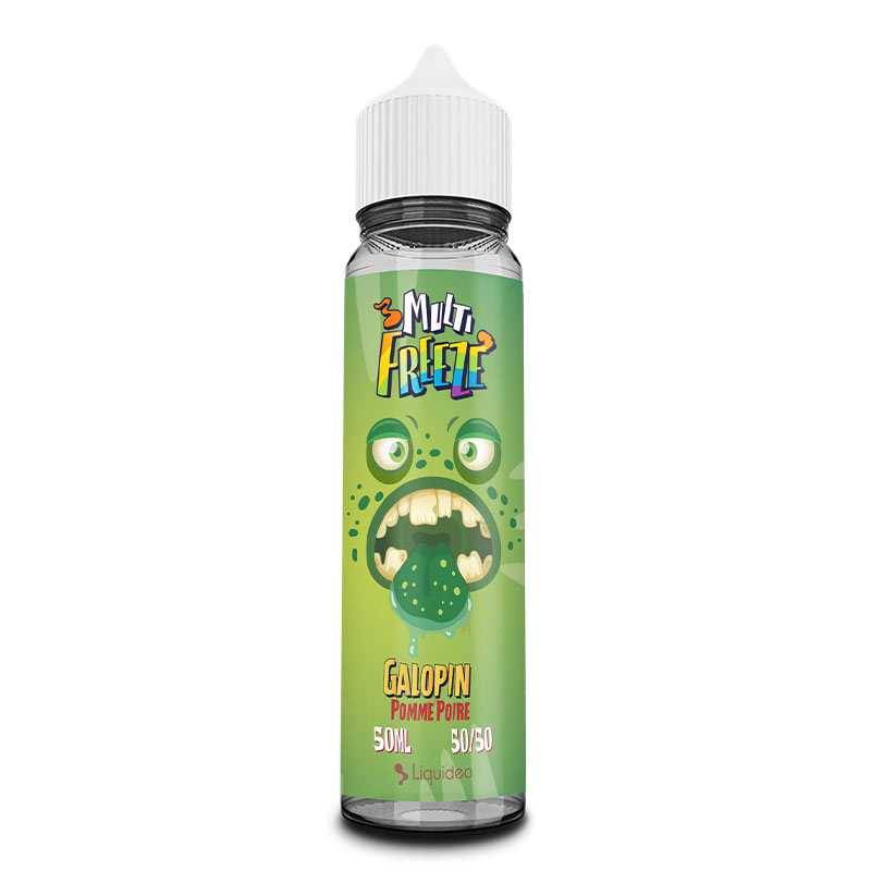 Flacon d'e-liquide Liquideo Multifreeze Galopin 50ml, étiquette verte avec monstre, saveur pomme poire, bouchon blanc.