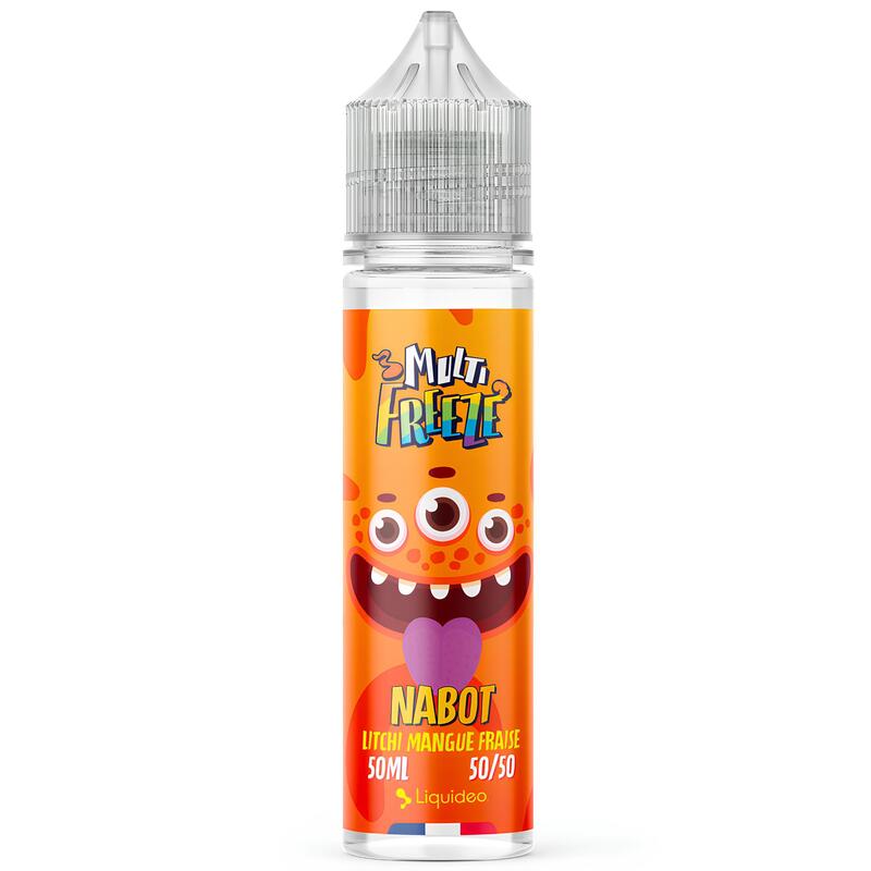 Flacon d'e-liquide 50ml Multifreeze Nabot Liquideo avec étiquette orange illustrée d'un monstre et saveurs litchi mangue fraise.