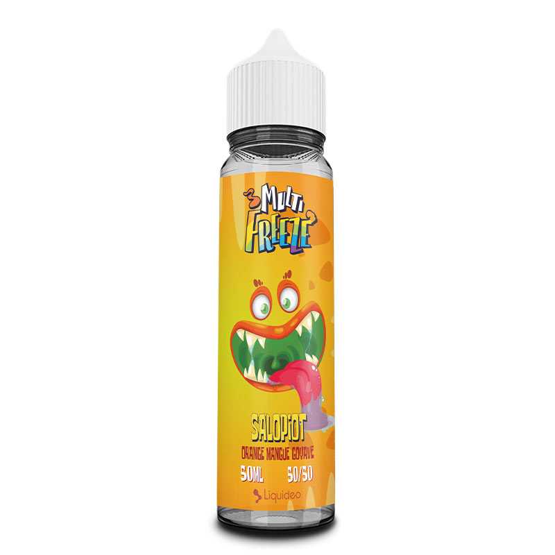Flacon d'e-liquide Liquideo Multifreeze Salopiot 50ml, étiquette jaune avec un monstre rigolo et logo coloré.