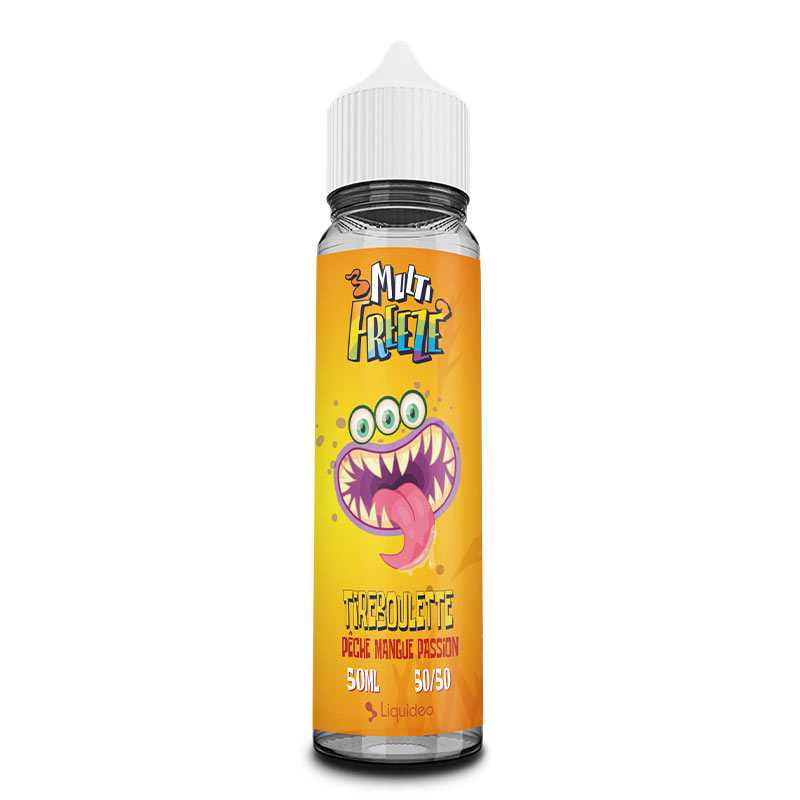 Flacon de 50ml Liquideo Multifreeze Tireboulette avec étiquette jaune illustrée d'un monstre aux fruits tropicaux.