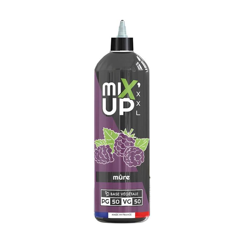 Flacon d'e-liquide Mix'Up XXL Mûre de 1 litre avec étiquette violette illustrée de mûres et base végétale 50/50.