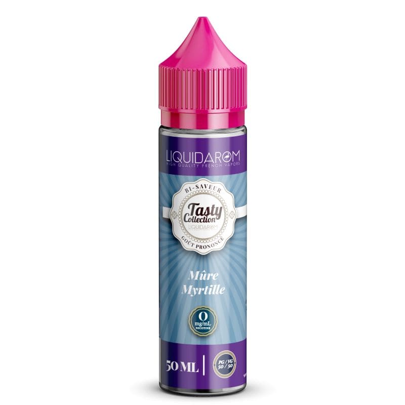 Flacon d'e-liquide Liquidarom Tasty Collection Mûre Myrtille 50ml avec bouchon rose et étiquette bleue sur fond blanc.