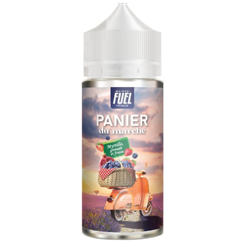 Flacon de 100ml d'e-liquide Panier du Marché avec étiquette illustrée d'un scooter orange dans un champ de lavande.