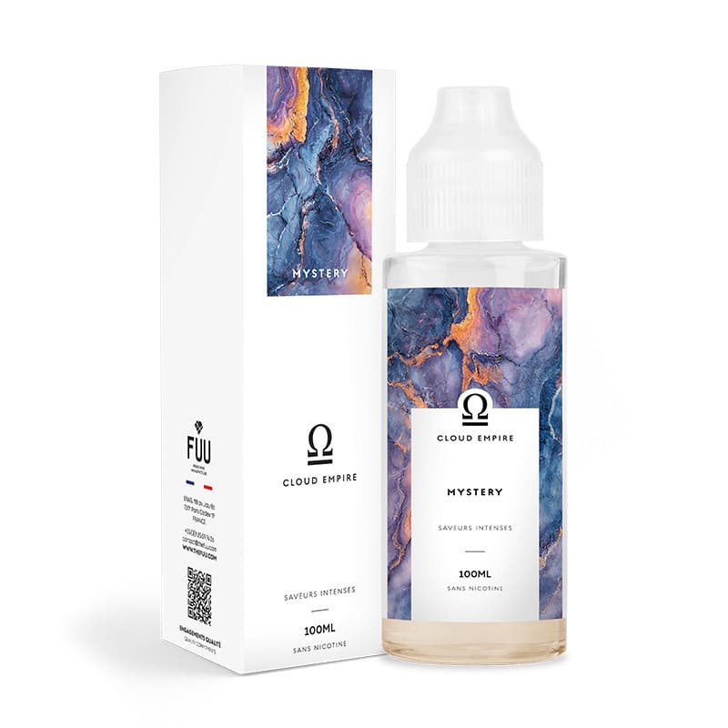 Flacon de 100ml et boîte Mystery Cloud Empire par FUU avec design marbré bleu et violet, sans nicotine.