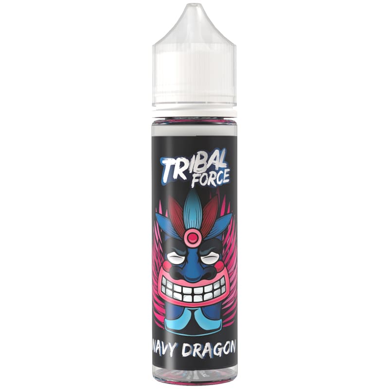 Flacon 50ml d'e-liquide Navy Dragon Tribal Force avec étiquette noire illustrée d'un masque tribal bleu et rose.