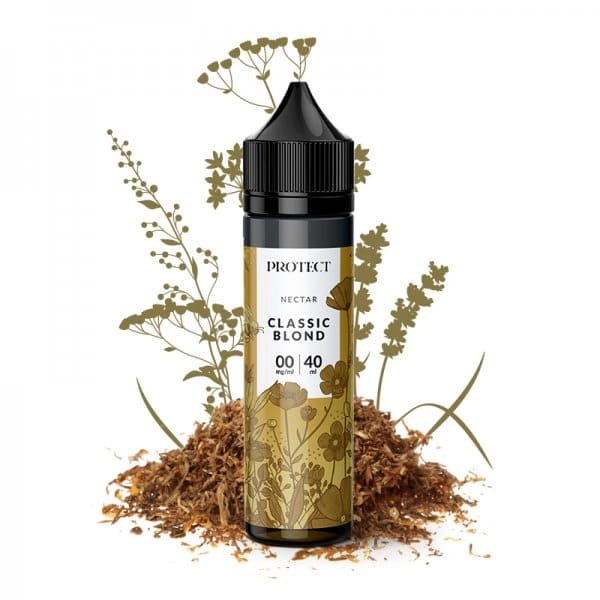 Flacon de 40ml d'e-liquide Protect Nectar Classic Blond avec étiquette florale dorée sur un lit de feuilles de tabac.