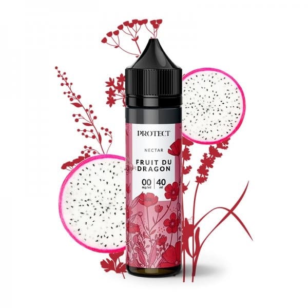 Flacon d'e-liquide Protect Nectar Fruit du Dragon 40ml avec étiquette rose illustrée de fleurs et tranches de fruit du dragon.