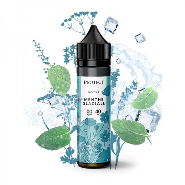 Flacon de 40ml Protect Nectar Menthe Glaciale avec étiquette bleue illustrée de fleurs, feuilles de menthe et glaçons.