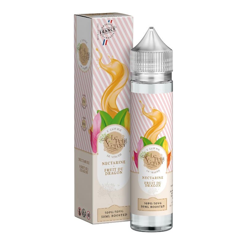 Flacon de 50ml et boîte Le Petit Verger Nectarine Fruit du Dragon avec design rayé rose et blanc et illustrations de fruits.