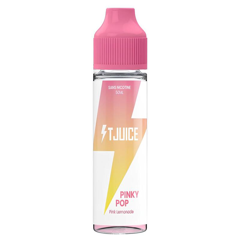 Flacon d'e-liquide T-Juice Pinky Pop 50ml avec bouchon rose et étiquette graphique en forme d'éclair jaune et rose.