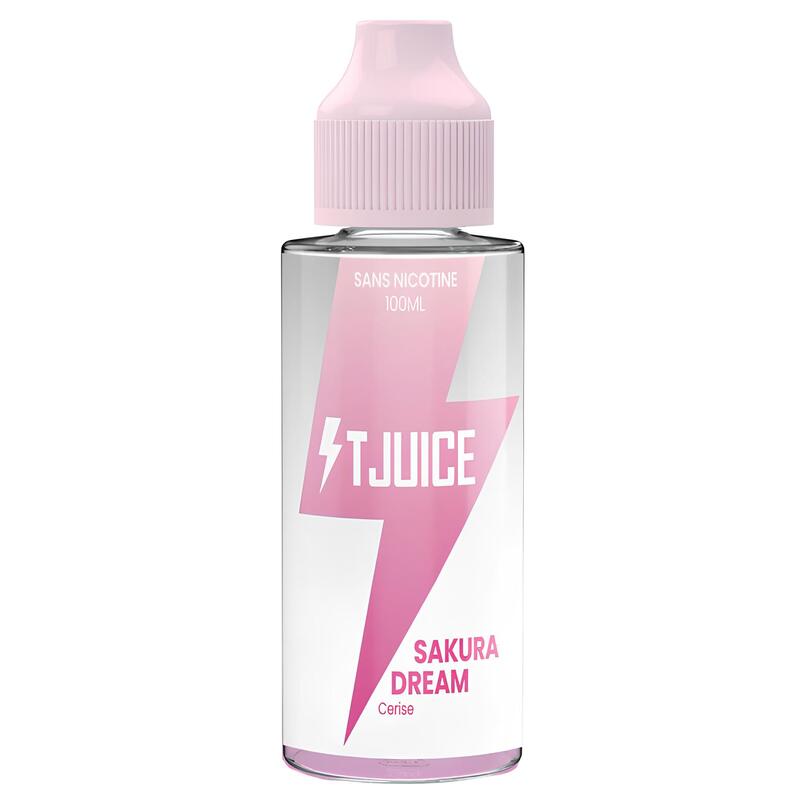 Flacon d'e-liquide T-Juice Sakura Dream avec bouchon rose, logo éclair et étiquette blanche sur fond transparent.