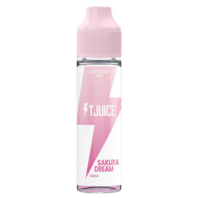 Flacon d'e-liquide T-Juice Sakura Dream avec bouchon rose, étiquette blanche à motif d'éclair rose et texte Sakura Dream.