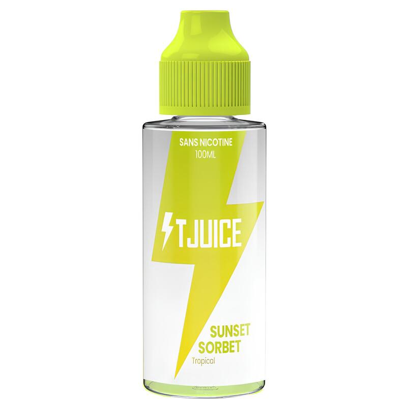 Flacon d'e-liquide T-Juice Sunset Sorbet 100ml avec bouchon vert citron et étiquette blanche à motif d'éclair jaune.