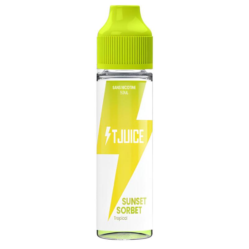 Flacon d'e-liquide T-Juice Sunset Sorbet 50ml avec bouchon vert citron et logo éclair jaune sur étiquette blanche.