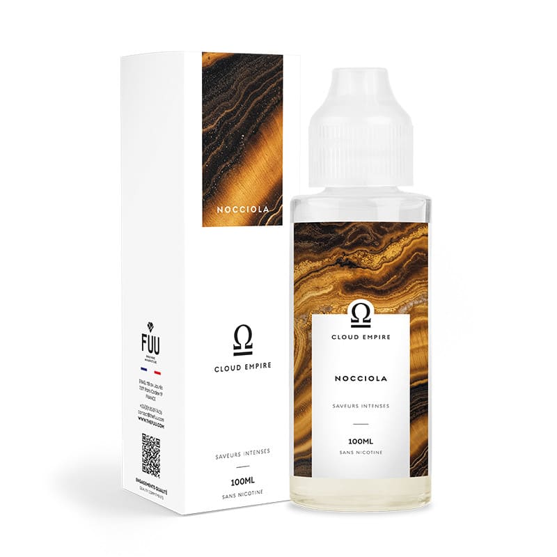 Flacon d'e-liquide Nocciola 100ml Cloud Empire by FUU avec étiquette aux motifs marbrés bruns et blancs, bouchon transparent.