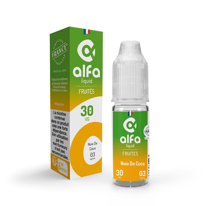Flacon de 10ml d'e-liquide Alfaliquid Noix de Coco avec son emballage cartonné vert et jaune, format prêt à vaper.