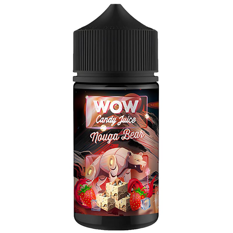 Flacon de 100ml Wow Candy Juice Nouga Bear avec étiquette illustrée d'un ours, de nougat et de fraises sur fond noir.