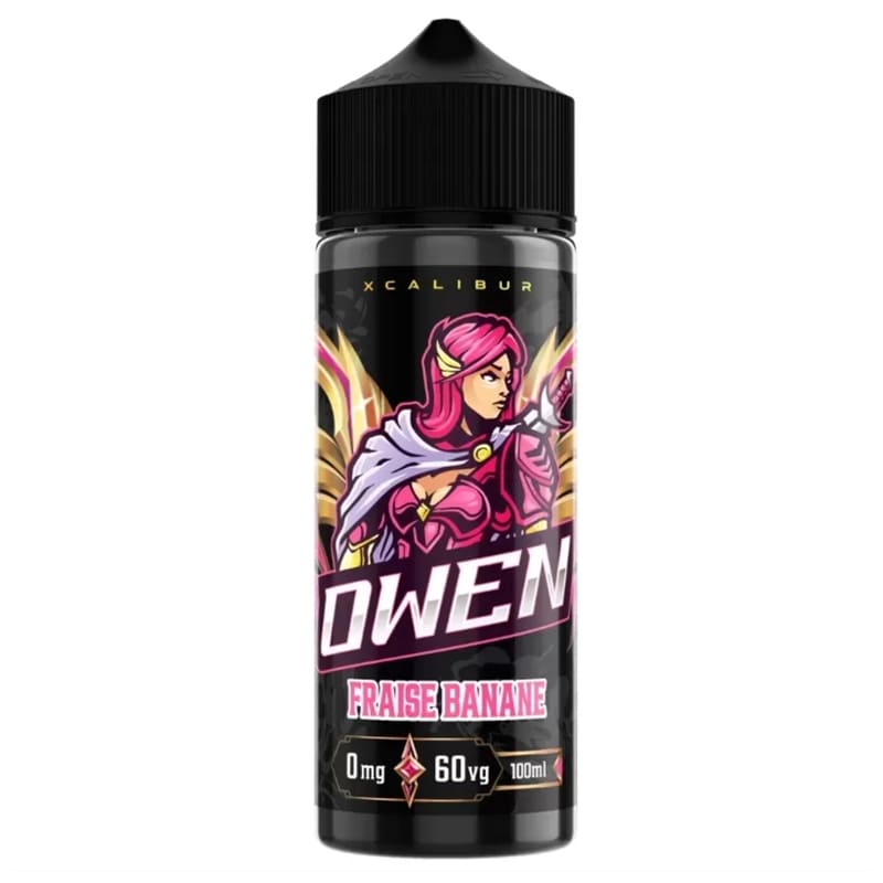Flacon d'e-liquide Xcalibur Owen 100ml avec illustration de guerriÚre rose, bouchon noir et étiquette fraise-banane.