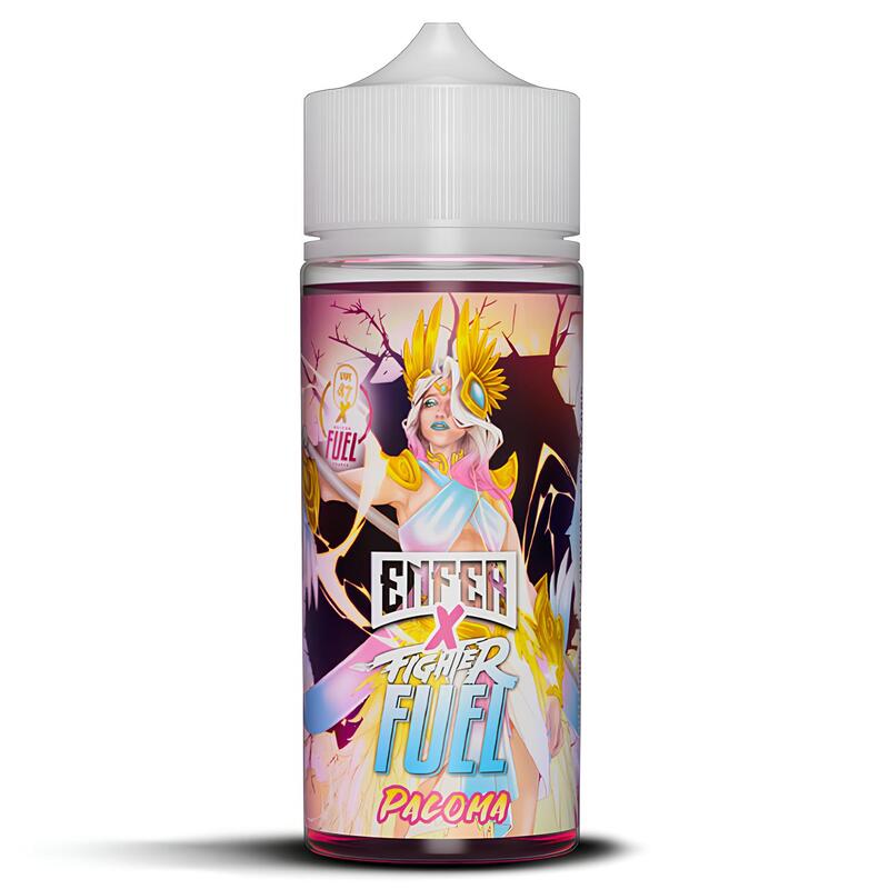 Flacon de 100ml Paloma Fighter Fuel X Enfer avec illustration de guerrière sur fond rose et jaune, bouchon blanc.