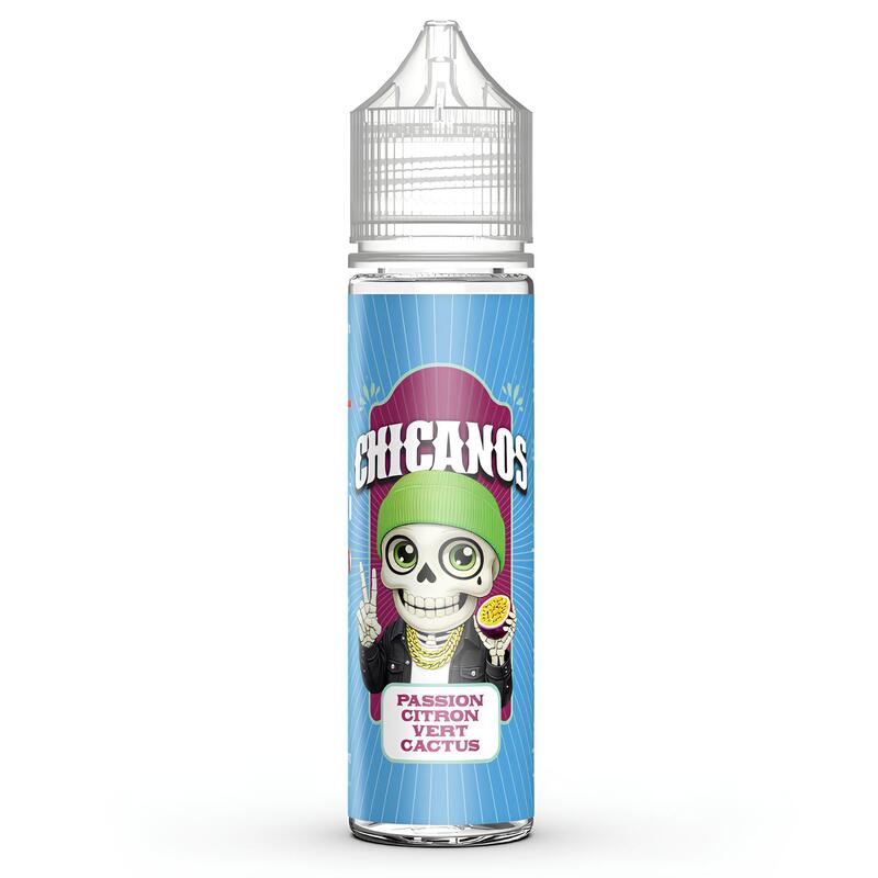 Flacon d'e-liquide Chicanos Passion Citron Vert Cactus avec étiquette illustrée d'un squelette sur fond bleu.