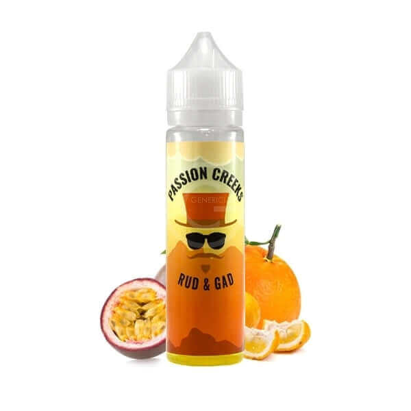 Flacon de 50ml d'e-liquide Passion Creeks Rud & Gad avec étiquette illustrée, entouré de fruits de la passion et d'oranges.