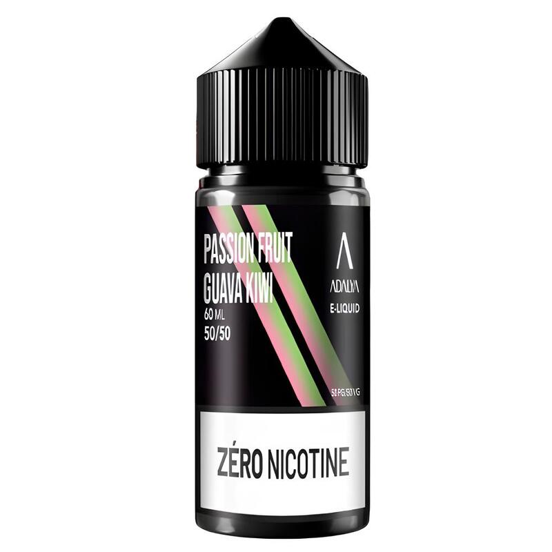 Flacon d'e-liquide Adalya 60ml Passion Fruit Guava Kiwi avec étiquette noire, touches roses et bouchon noir.
