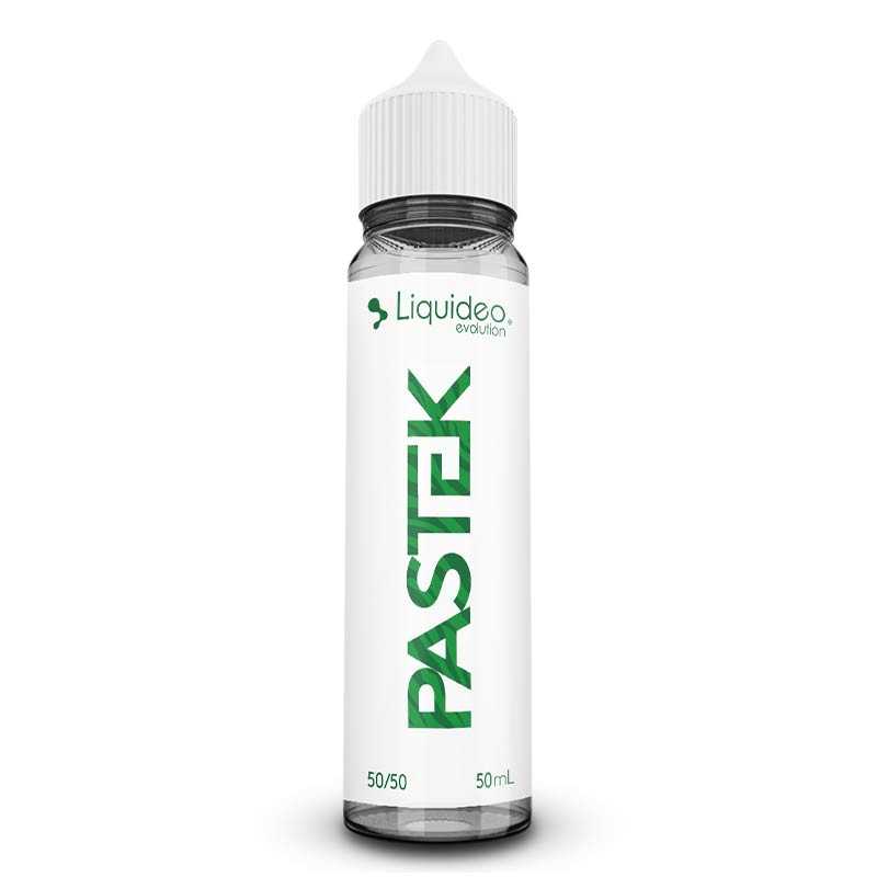Flacon de 50ml d'e-liquide Liquideo Pastek avec étiquette blanche et logo vert, bouchon blanc, ratio 50/50 PG/VG.