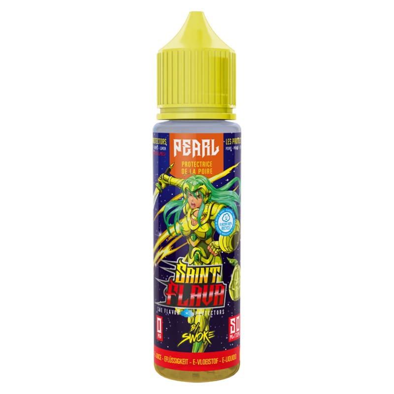 Flacon de 50ml Saint Flava Pearl par Swoke avec bouchon jaune, étiquette illustrée style manga et design coloré.