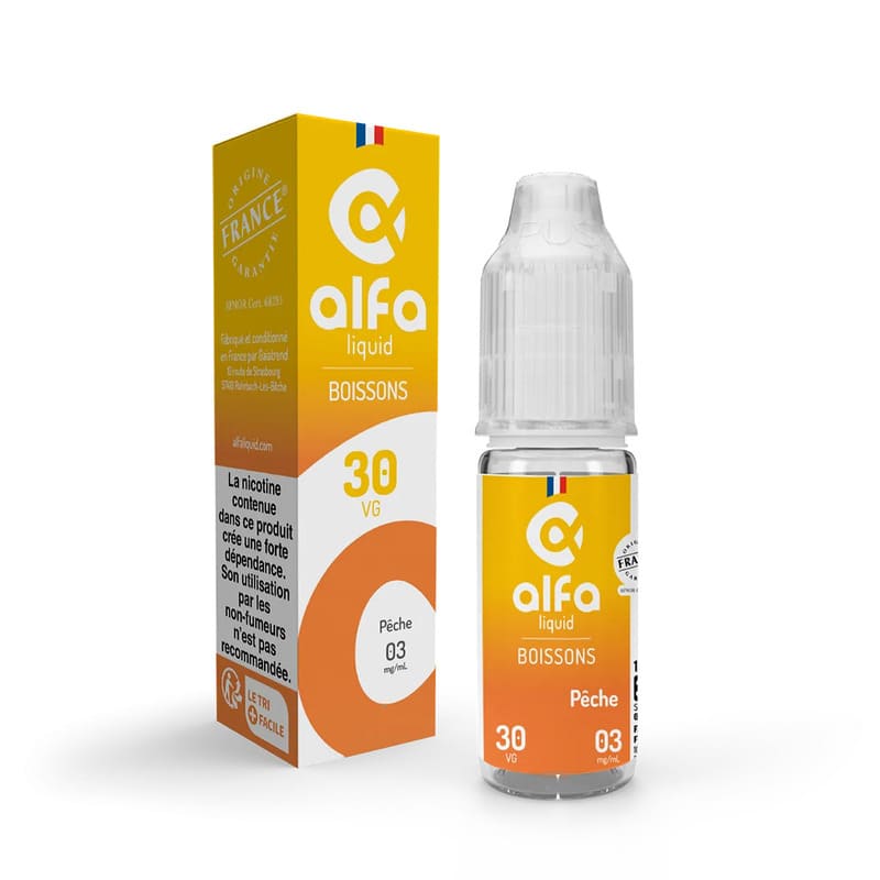 Flacon d'e-liquide Alfaliquid Pêche 10ml avec son emballage cartonné jaune et orange, design moderne et bouchon sécurisé.