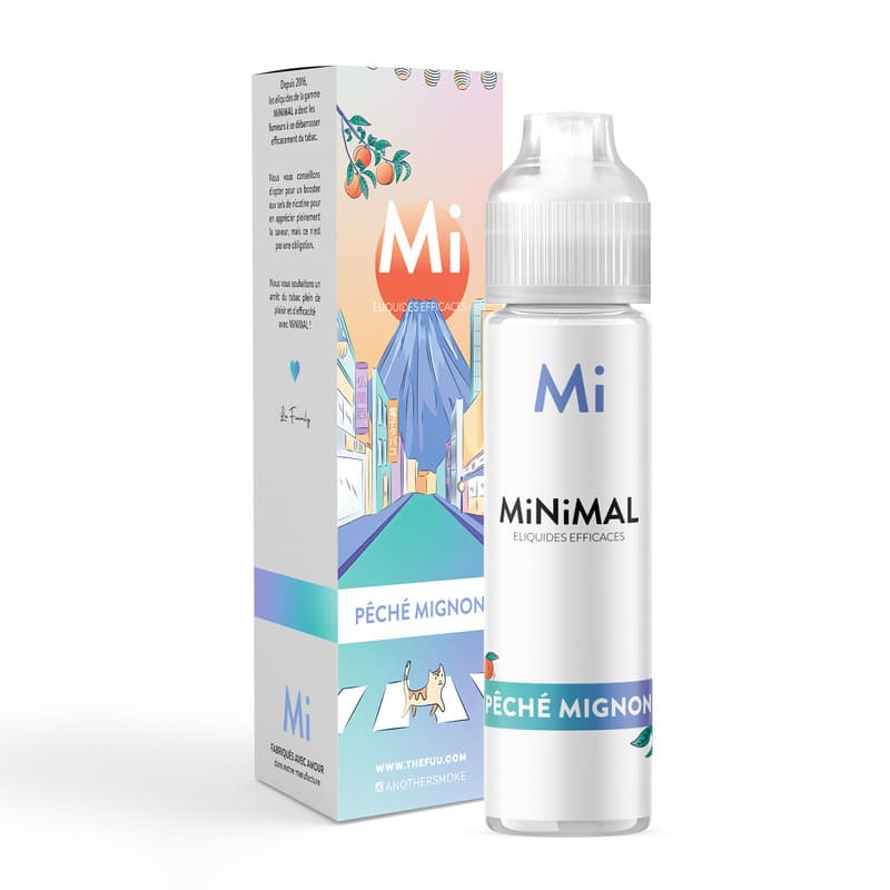 Flacon d'e-liquide MiNiMAL Pêché Mignon 50ml avec sa boîte illustrée aux motifs japonais, pêche et abricot.