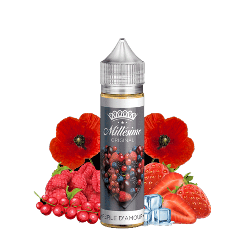 Flacon de 50ml Millésime Perle d'Amour orné d'illustrations de fruits rouges, de coquelicots et de glaçons sur fond blanc.