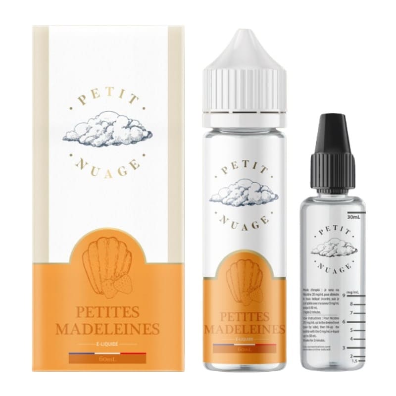 Flacon d'e-liquide Petit Nuage Petites Madeleines 50ml avec boîte, étiquette orange et flacon gradué de 30ml inclus.