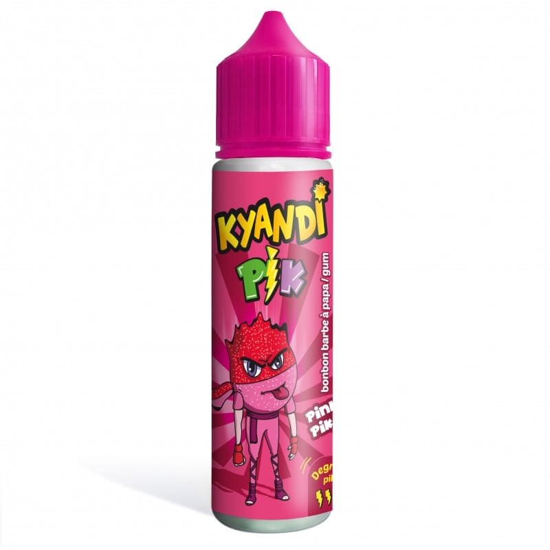 Flacon 50ml d'e-liquide Pink Pik Kyandi Shop avec bouchon rose et illustration de personnage style bonbon acidulé.