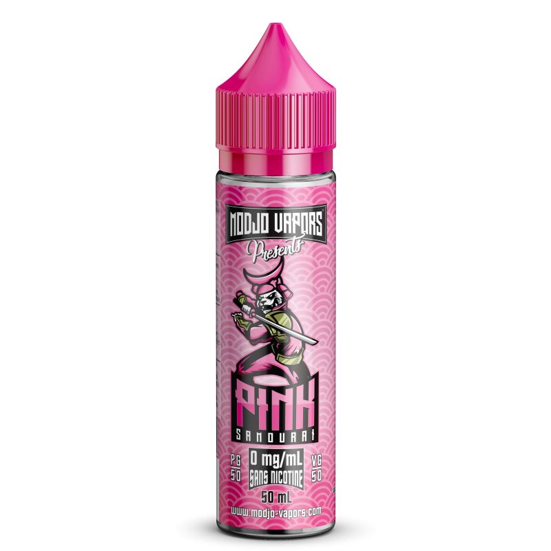 Flacon d'e-liquide Pink Samourai 50ml Modjo Vapors avec bouchon rose et étiquette illustrée d'un samouraï sur fond rose.
