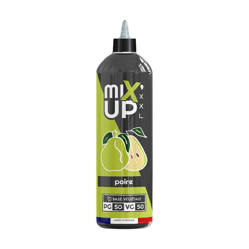 Flacon d'e-liquide 1L Mix'Up XXL saveur poire, étiquette verte et noire avec illustration de poire et ratio PG/VG 50/50.