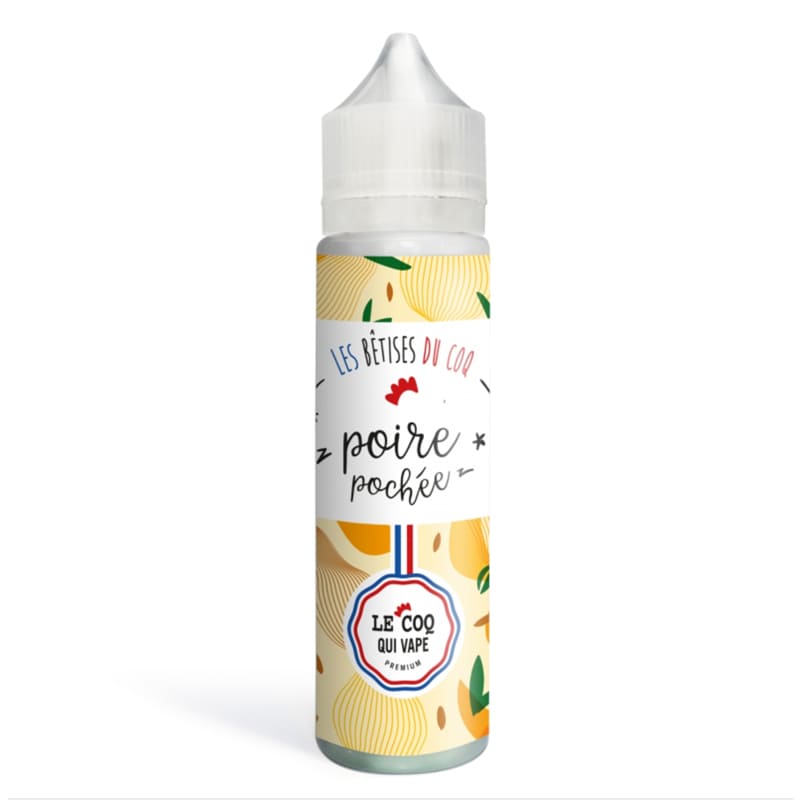 Flacon de 50ml d'e-liquide Poire Pochée Le Coq Qui Vape avec étiquette illustrée de poires et logo de la marque française.