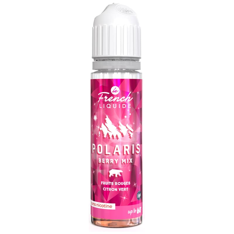 Flacon 50ml Polaris Berry Mix Le French Liquide, étiquette rose à motifs géométriques avec montagne et ours polaire.