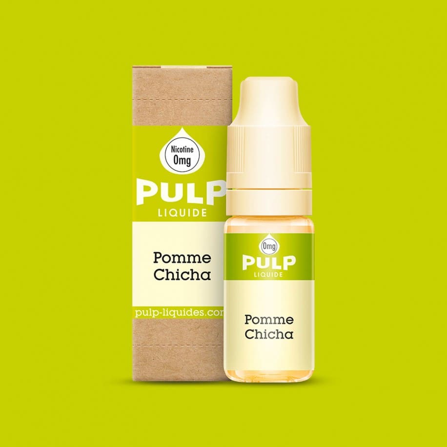 Flacon de 10 ml et boîte en carton PULP Original Pomme Chicha sur fond vert, design épuré et bouchon blanc.