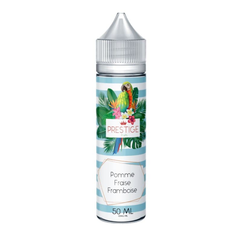 Flacon de 50ml Prestige Fruits Pomme Fraise Framboise avec étiquette rayée bleue, perroquet et motifs tropicaux.