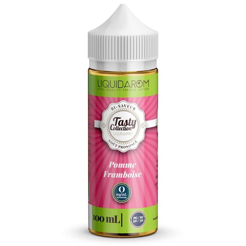 Flacon d'e-liquide Tasty Collection Pomme Framboise 100ml avec étiquette rose et verte sur fond blanc.
