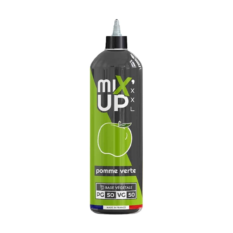Flacon d'e-liquide Mix'Up XXL Pomme Verte 1 litre avec étiquette verte et noire, base végétale 50/50, fabriqué en France.