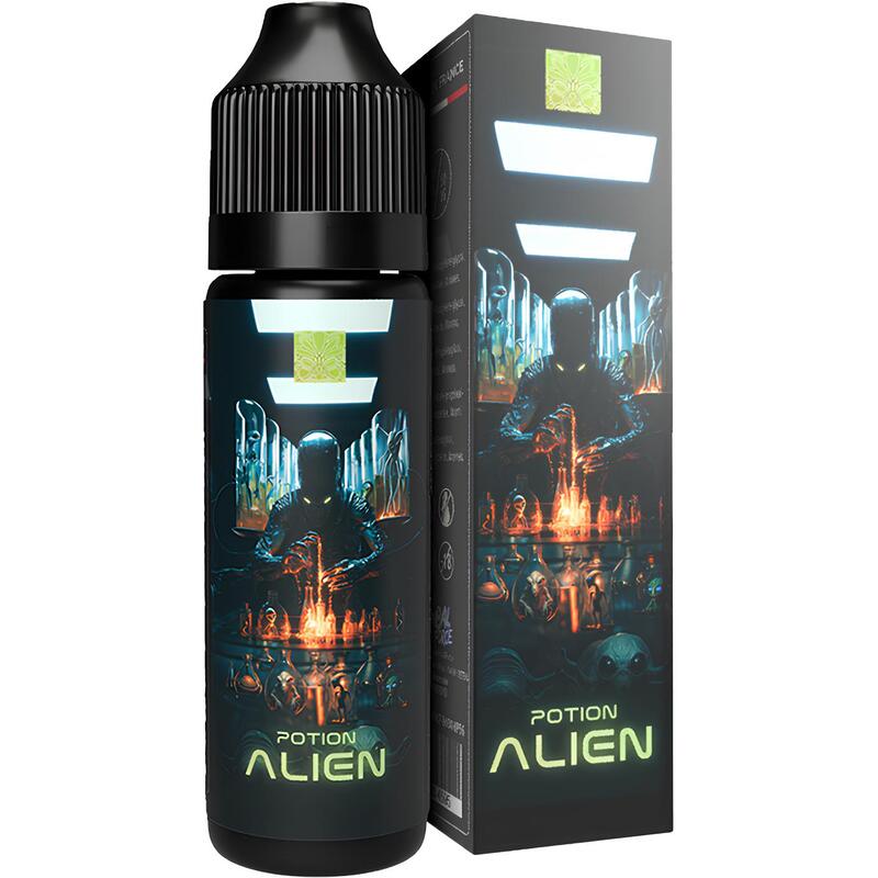 Flacon et boîte d'e-liquide Potion Alien Tribal Force avec illustration extraterrestre sombre et lettrage néon vert.