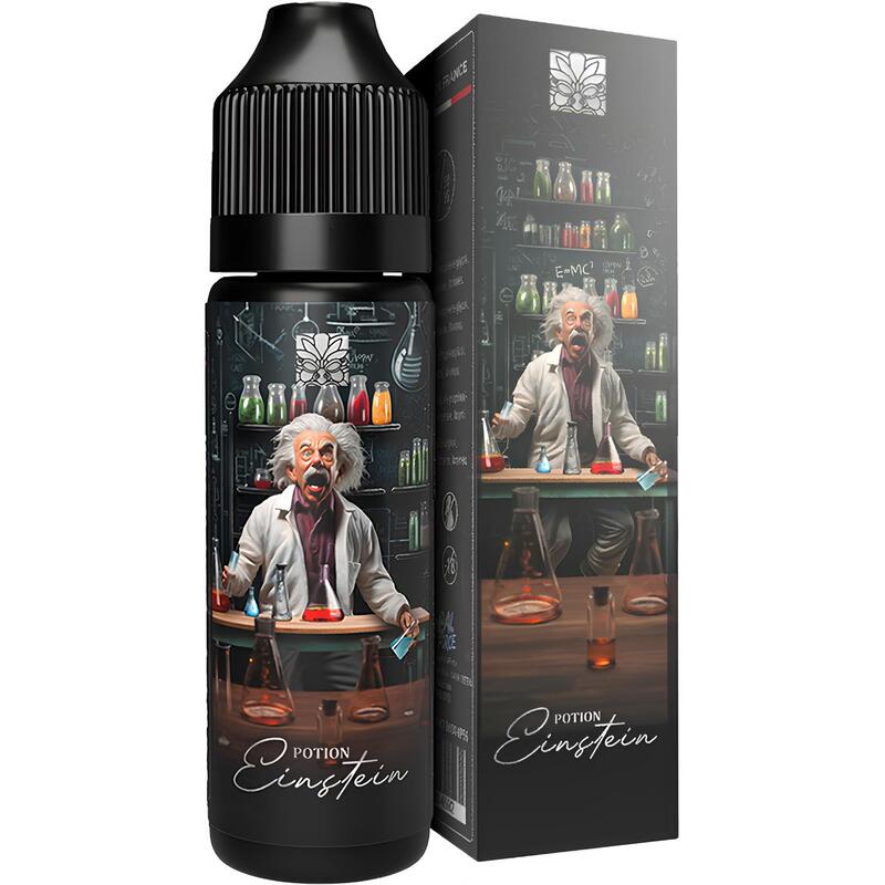 Flacon d'e-liquide Potion Einstein Tribal Force avec illustration de scientifique et fioles colorées sur fond noir.